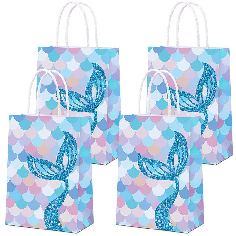 Pack of 10 shimmering mermaid goody bags with blue scales - perfect for kids' birthday parties, loot bags, or underwater-themed events