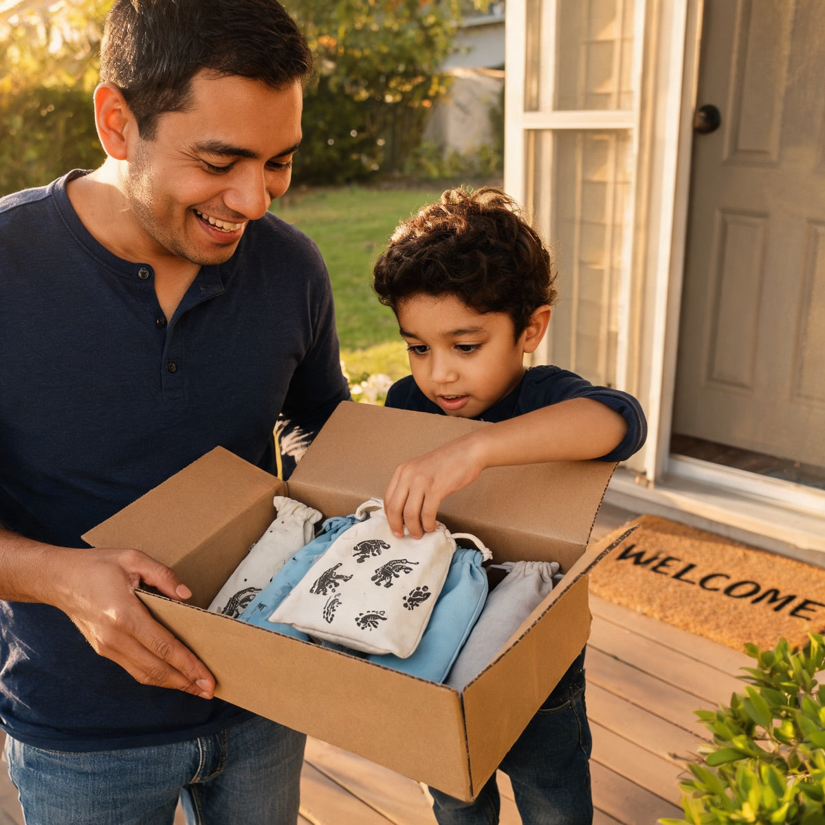 Dad and son opening JoyBundle delivery box at front porch