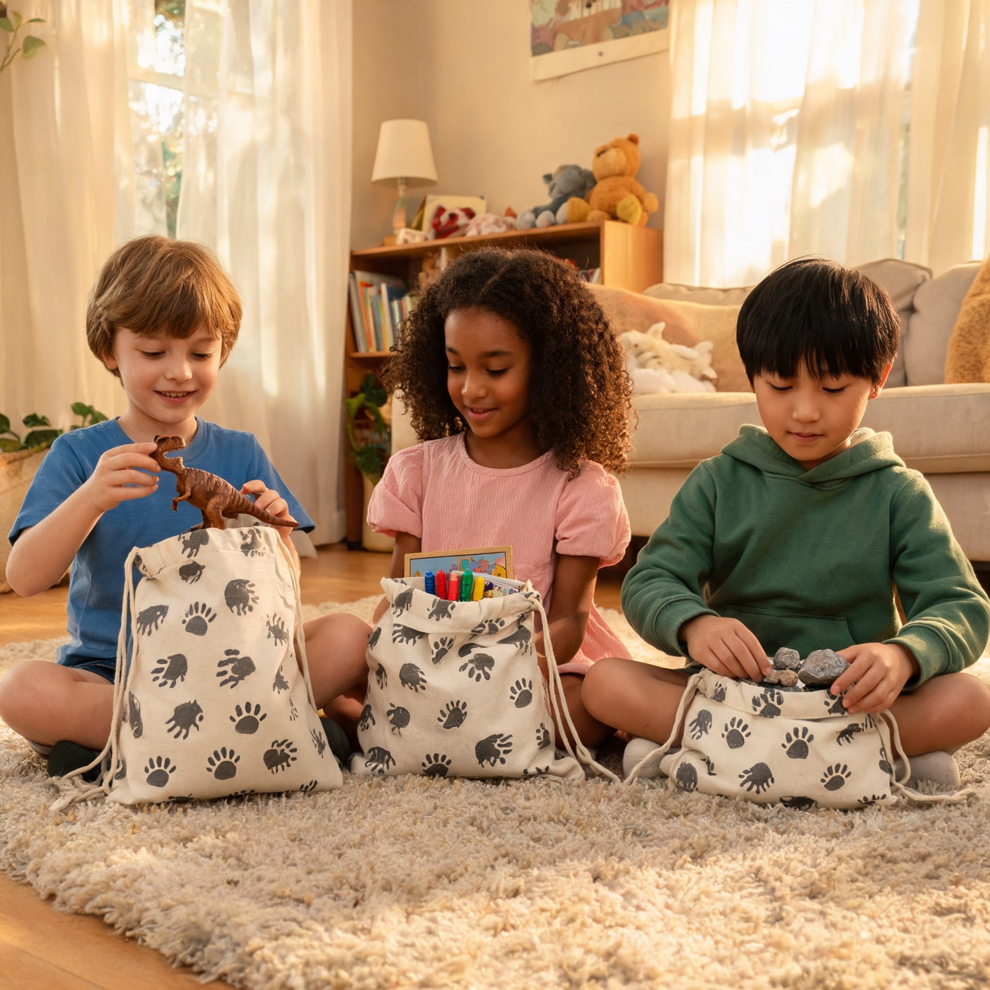 Kids using their JoyBundle pouches after a birthday party