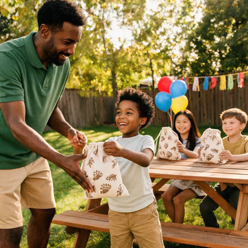 Black dad handing Dino Discovery bundle to his son at backyard party