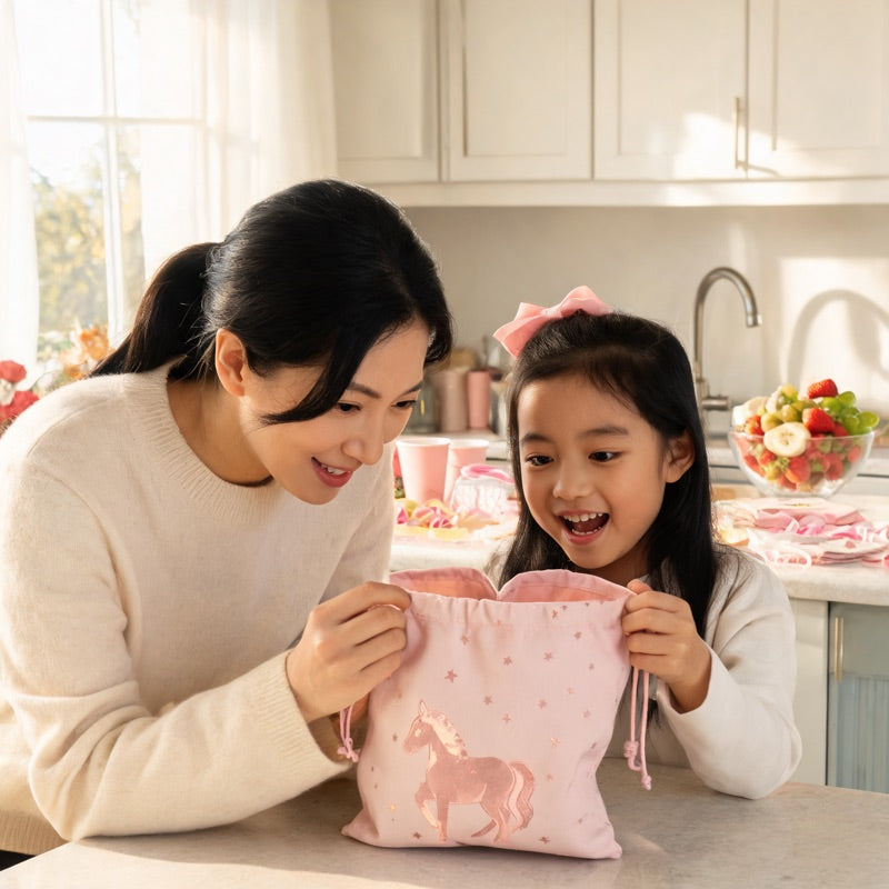 Mom and daughter opening Unicorn Magic bundle in kitchen